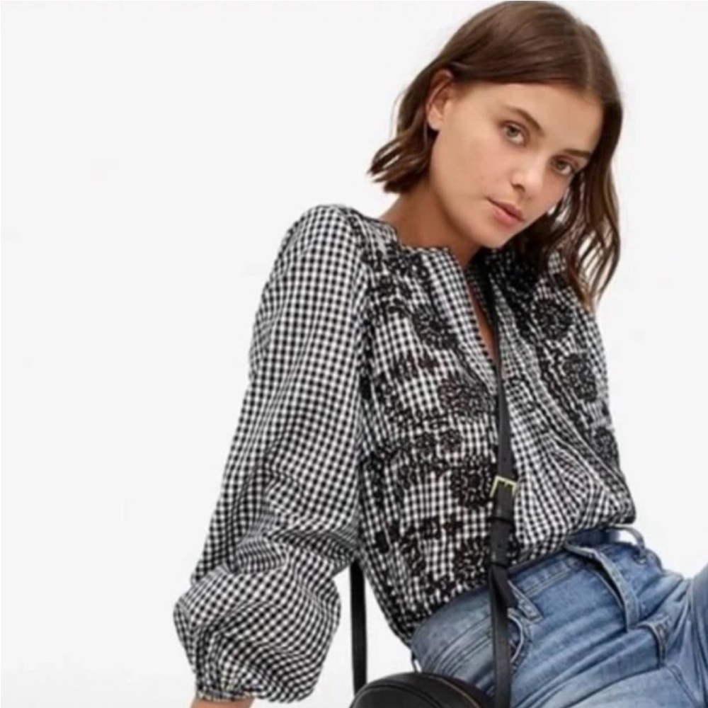 J Crew Gingham Popover Top Embroidered Plaid Cotton Pintuck 3/4 sleeve